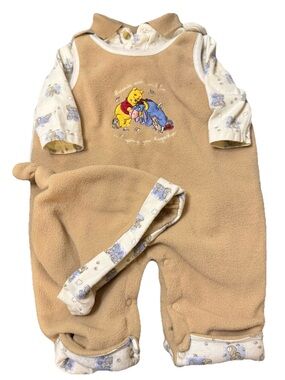 Vintage Winnie the Pooh Fleece Overalls Shirt And Hat Set Baby Boy 3-6 Months